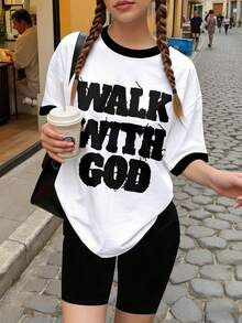 两件套青少年休闲街头风套装，宽松“与神同行”标语T恤和骑行短裤，夏季返校街头服饰 - 黑色 - 查看 1