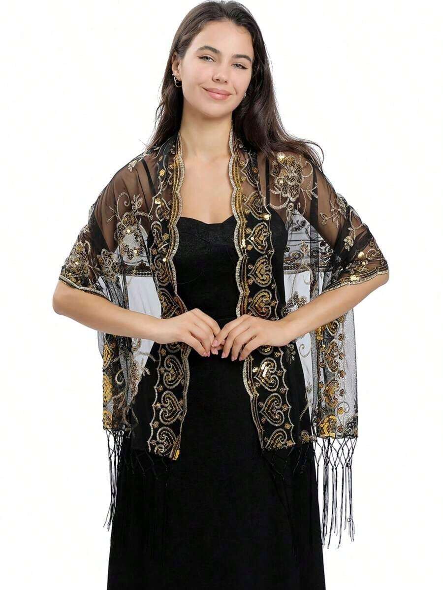 1pc Fashionable Elegant Handmade Knitted Shawl With Sequined Heart And Flower Design For Women, Great For Evening Parties, Stage Performances And Daily Wear Accessories Women Valentine's Day Valentines - Black Gold - 查看 1