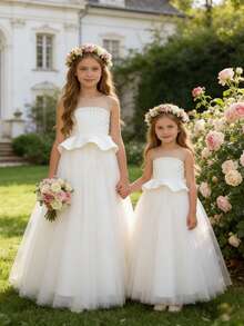 XUMPLO Elegante vestido largo de niña de las flores con malla transparente en los hombros, decoración de satén y cristales, adecuado para fiestas, cumpleaños, bodas, primavera/verano, Pascua - Blanco - Ver 4