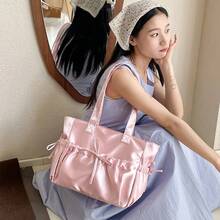 New Product Satin Folded Bow Tote Bag Sweet Advanced Girl Shoulder Bag Fashionable Large Capacity Commuting Underarm Bag - trắng - Xem 3