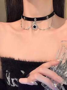 1 buah Kalung Choker Bintang Vintage Premium dengan Tampilan Usang, Rantai Tulang Selangka Gaya Punk Gelap untuk Wanita, Cocok untuk Pemakaian Sehari-hari - Perak - View 2