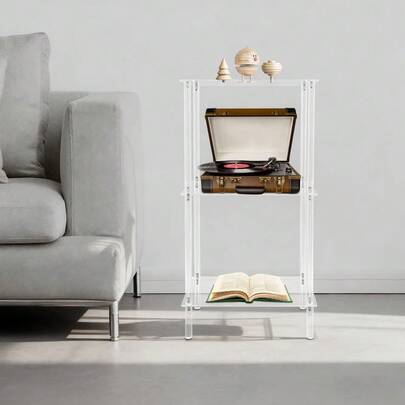 Sweetmile 3 Layer Acrylic Record Player Stand, Clear Record Player Stand, Side Table End Table Storage Rack For Living Room