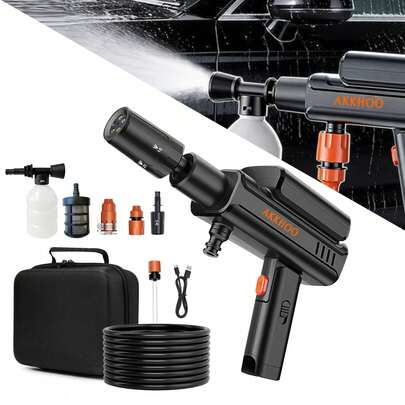  AKKHOO 860PSI 1GPM 无线高压洗车机，包含3块电池、5合1喷嘴和16.4英尺软管，便携式电动清洁器，适用于汽车、庭院、车道。