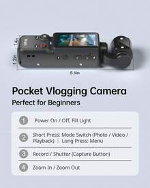 W & O Vlogging Camera With Flash Light 180° Rotating Lens Pocket Handheld POV Camera Audio Video Recording 7H Long Battery One-Button Recording For Travel Daily Life Black - 查看 4