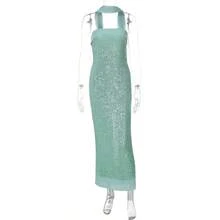 2 Pcs Women'S Strapless Sequin Maxi Dress, Silver Glitter Bodycon Formal Evening Gown For Party Prom - 薄荷綠 - 查看 7