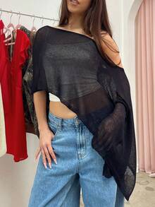 Women's Sheer Solid Color Knit Cardigan, Irregular Loose Pullover Sweater, Summer Beach Cover Up Tops - màu đen - Xem 3