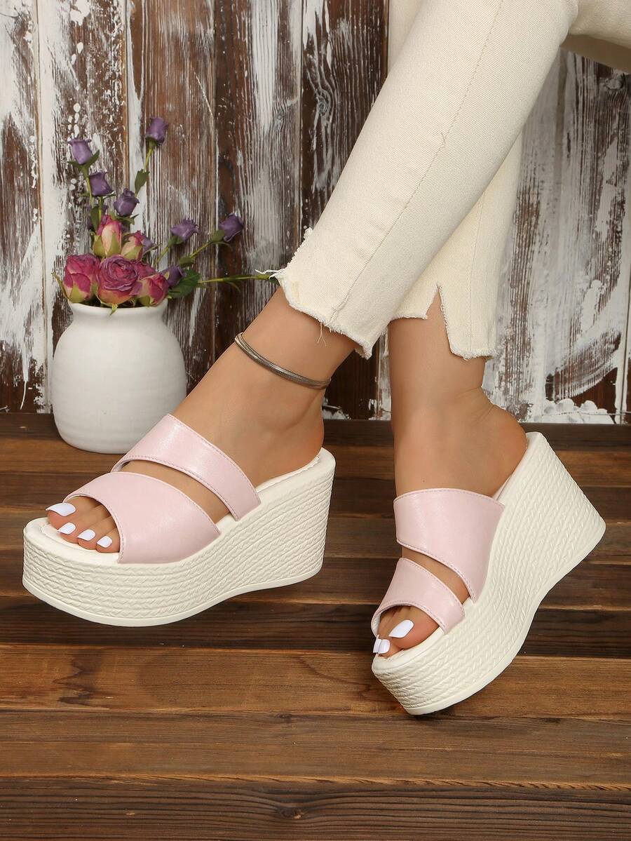 Sandales compensées mode printemps/été décontractées, chaussures girly pour vacances, mules à talons hauts décontractées - Rose pâle - Voir 1