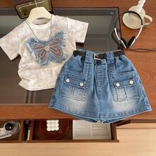 Kids Young Girls Butterfly Patch Short Sleeved T-Shirt+Denim Skirt Two-Piece Set - Grey - View 6