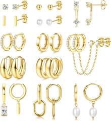 BESTEEL 13 Pairs Small Stud Hoop Earrings Set Women Gold Plated Huggie Hoops Pearl Dainty Lightweight Earrings - 14K Gold Plated - View 2