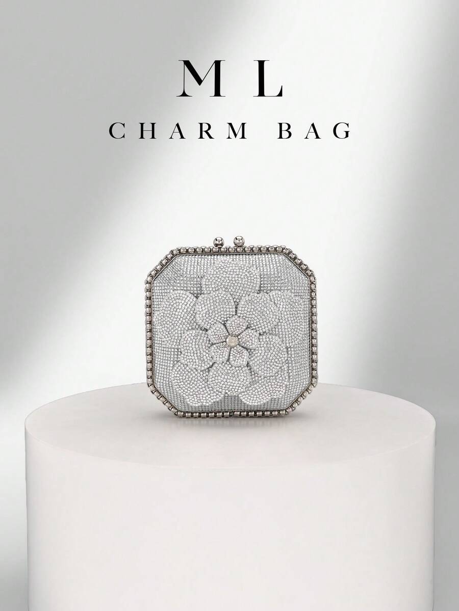 女士水钻手拿包，女士晚宴包，斜挎包，时尚风格，奢华风格，钻石风格，钻石花卉风格，闪亮风格，优雅风格，简约风格，适合派对、舞会、俱乐部、约会、生日、晚宴、约会之夜、宴会等场合。 - 銀色 - 查看 1