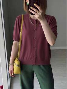 女士柔软舒适短袖T恤和针织开衫套装，春夏款 - 紫色 - 查看 4