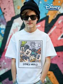 Disney Mickey Mouse Cartoon Animation Mouse Summer Tops, Graphic Tee, Perfect For Cool Boys. Teen Boy Gift,Comfortable And Breathable Children's Short-Sleeved T-Shirt. 180g Pure Cotton Children's Clothes,Suitable For Both Boys And Girls.Suitable For Daily Wear, Vacations, Outdoor Activities, And As A Children's Gift. - 白色 - 查看 2