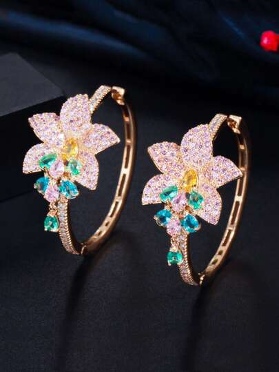 1 Pair Elegant Pink Flower Hoop Earrings, Gold Plated Big Round Circle Cubic Zirconia Fringe Drop Earrings, Women Costume Jewelry For Wedding, Engagement, Party, Prom, Daily Wear