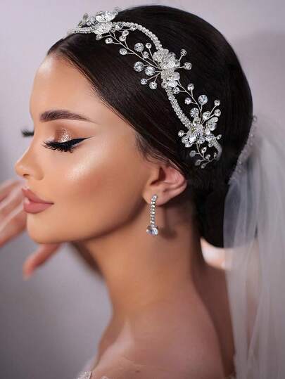 1pc Luxury Elegant Crystal Chain Decor Handmade Double-Layer Headband, Alloy Flower Hair Accessory For Women, Suitable For Party, Photography, Wedding, Banquet