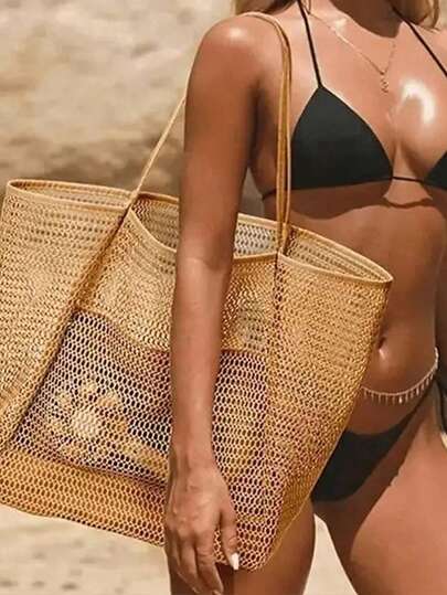 Large Capacity Beach Travel Bag | Women's Shoulder Bag, Women's Tote Bag, Beach Mesh Tote Bag, Women's Foldable Shoulder Bag, Travel Bag Beach Nylon Mesh Tote Bag, Casual Tote Bag Hobo Women's Foldable Shoulder Bag, Oversized Mesh Beach Tote Bag Upgraded Version With Multiple Pockets, Suitable For Beach Picnic Vacation, Large Capacity Waterproof Beach Bag