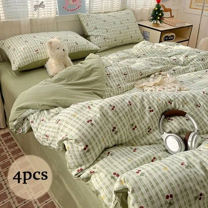 Juego de ropa de cama de 4 piezas, funda nórdica con estampado de cerezas lindas, juego de cama con estampado de cuadros en verde claro, ropa de cama cómoda y acogedora para mujeres, con decoración de lazo amarillo, adecuado para dormitorio y habitación de invitados, incluye 1 funda nórdica (sin relleno), 1 sábana, 2 fundas de almohada (sin relleno)