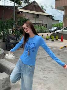 Áo thun dài tay cổ tròn in hoa dáng ôm, tay raglan, dành cho nữ, thích hợp cho mùa xuân. - Màu xanh lam - Xem 6