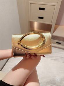 1件歐美時尚金屬裝飾迷你方盒手拿包，高端亮面金屬條紋女款手提包，優雅奢華晚宴包，適合正式禮服，PU皮革派對包/浪漫婚禮手拿包/舞會包/雞尾酒會包，適用於校園舞會，附金屬鏈條 - 金色 - 查看 5