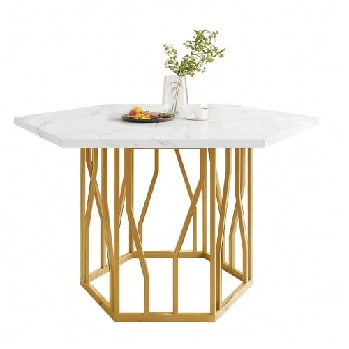 Modern Hexagonal  Dining Table, Black Metal Branch-Shaped Base, Simple Aesthetic Coffee Table, Suitable For Dining Rooms And Living Rooms. - Gold - View 1
