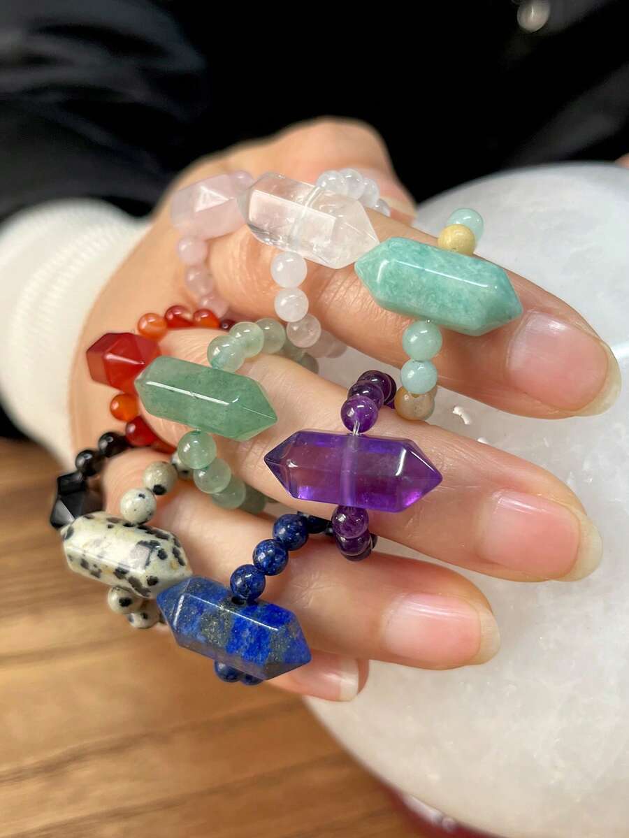 Dây chuyền mặt dây chuyền hình lục giác bằng đá tự nhiên, trang sức đá thạch anh tím và mã não kiểu Bohemian, quà tặng trang sức co giãn có thể điều chỉnh kích thước, phù hợp cho nữ và các cặp đôi. - Nhiều màu - Xem 1