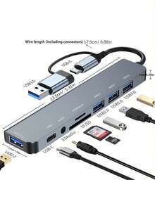 USB C HUB 适配器扩展坞，USB3.0 多功能电脑 SD 卡读卡器 - 銀色 - 查看 8