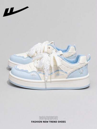  1双 WARRIOR 女士厚底系带软底休闲鞋，低帮户外平底鞋，圆头低跟防滑纯色优雅软底徒步鞋，适合学生、毕业照穿着，平底皮面运动滑板鞋