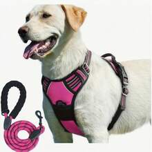 Conjunto de 2 peças: Coleira Peitoral Refletiva e Guia de 1,5m, Coleira Peitoral Respirável para Animais de Estimação, Adequada para Cães e Gatos de Grande, Pequeno e Médio Porte, Colete para Filhotes, Conjunto de Acessórios para Coleira e Guia. - Rosa Quente - Ver 1
