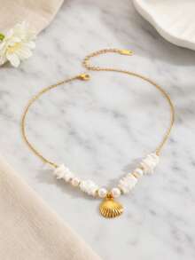 1件时尚金色海星贝壳吊坠项链，奢华海滨风格甜美仿珍珠吊坠首饰 - 彩色 - 查看 6