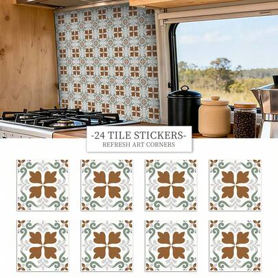 24片/套 欧洲复古卷轴图案自粘瓷砖贴纸，3.94/5.91/7.87英寸，防水防油，适用于家居装饰、厨房防溅板和墙面翻新
