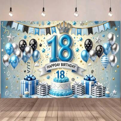 2D平面单件装“18岁生日快乐”蓝色背景横幅，适用于生日庆祝、单身派对、家庭活动、拍照背景、完美礼物、室内外活动装饰、影棚道具