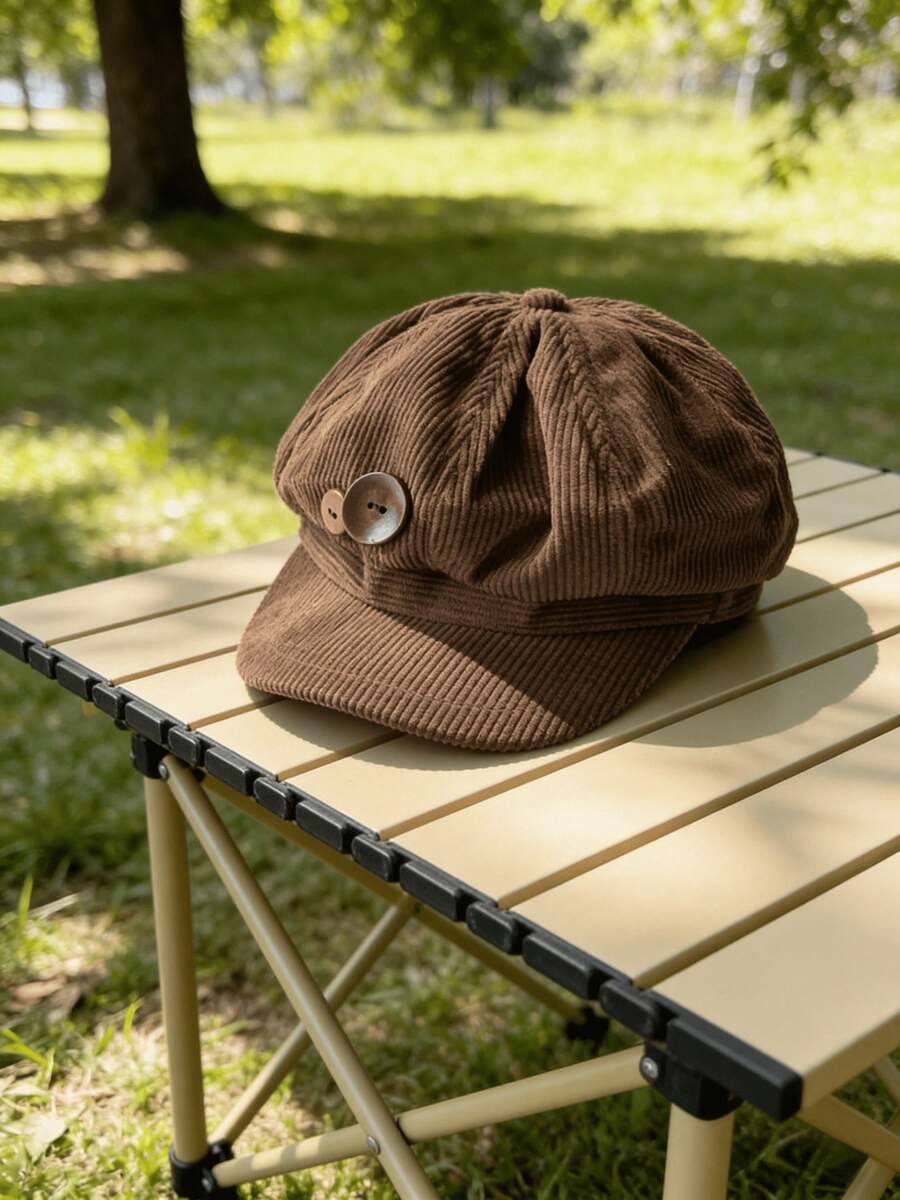 Women's Vintage Soft Corduroy Newsboy Cap Baggy Baker Boy Hat With Wooden Buckle Accent Casual Newsboy Cap Easy To Match Perfect Gift For Women! - 雙紐扣八角帽-棕色 - 查看 1