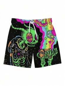 Pantalones cortos de playa con estampado 3D de alienígena y arcoíris, estilo hawaiano para hombres de talla grande - Multicolor - Ver 4