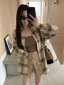 女士格子衬衫，夏季新款休闲宽松上衣 - 卡其色 - 查看 2