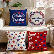 4件套美国独立日主题五角星及文字印花桃色天鹅绒枕套/靠垫套，100%涤纶，适用于客厅、沙发、卧室装饰，不含枕芯，尺寸：40x40厘米/45x45厘米/50x50厘米 - 五角星字符 - 查看 1