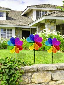 2pcs Rainbow Plastic Outdoor Garden Decor Windmill, Suitable For Spring Garden Decoration, Outdoor Lawn Decor, Colorful Rotating Windmill, Patio And Garden Decoration - Windmill - View 4