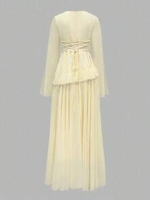 [Spring/Summer Style] Best-Selling New Arrivals -Women's Elegant Ruffle Trim Tie-Waist Flare Sleeve Dress, Spring/Summer - Vàng nhạt - Xem 10