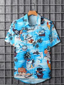 Smiling Pirate Shark Surfing On Tropical Waves Showing Fearless Joy Of Ocean Adventure And Summer Freedom 3D Print Mens Casual Short Sleeve Button Down Beach Shirt - trắng - Xem 1