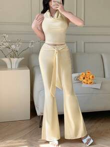 abyoxi Bộ đồ 2 mảnh màu vàng thanh lịch, giản dị, gợi cảm gồm áo crop top cổ yếm hở lưng và quần ống loe cạp cao buộc dây phía trước, thích hợp cho kỳ nghỉ, đi biển, lễ hội, tốt nghiệp, mùa xuân hè. - Màu vàng ngỗng - Xem 4