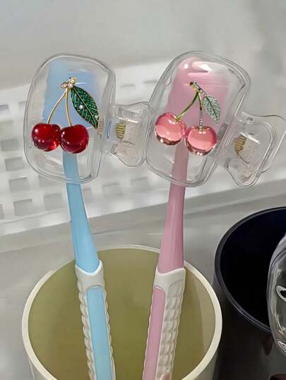 2d Flat, Featuring Pink Crystal Cherry And Green Crystal Cherry Toothbrush Holders Cute Design Travel And Home Storage Organizer With Transparent Lid, Compact And Portable Design For Easy Carrying, Protects Toothbrush Head, Features Dual Holes For Drainage And Ventilation,For Home, Dorm & On-The-Go Use | Cute Toothbrush Head Holder For Bathroom Organization, Ideal For Home, Dormt