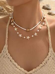 2pcs/Set Handmade Alloy Shell & Bead Necklace, Bohemian Style Turquoise Starfish Faux Pearl Choker, Versatile For Daily Wear, Travel, Party - Multicolor - View 1