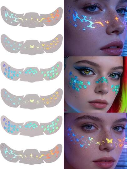 6 Sheets Glitter Freckles Face Stickers,Spring Summer Decoration,Laser Holographic Flame &Butterfly Design,Long-Lasting Waterproof Temporary Tattoo For Women,Party Music Festival Makeup Rave Accessories,Girls Gifts,Easy Apply And Remove,Fake Tattoos
