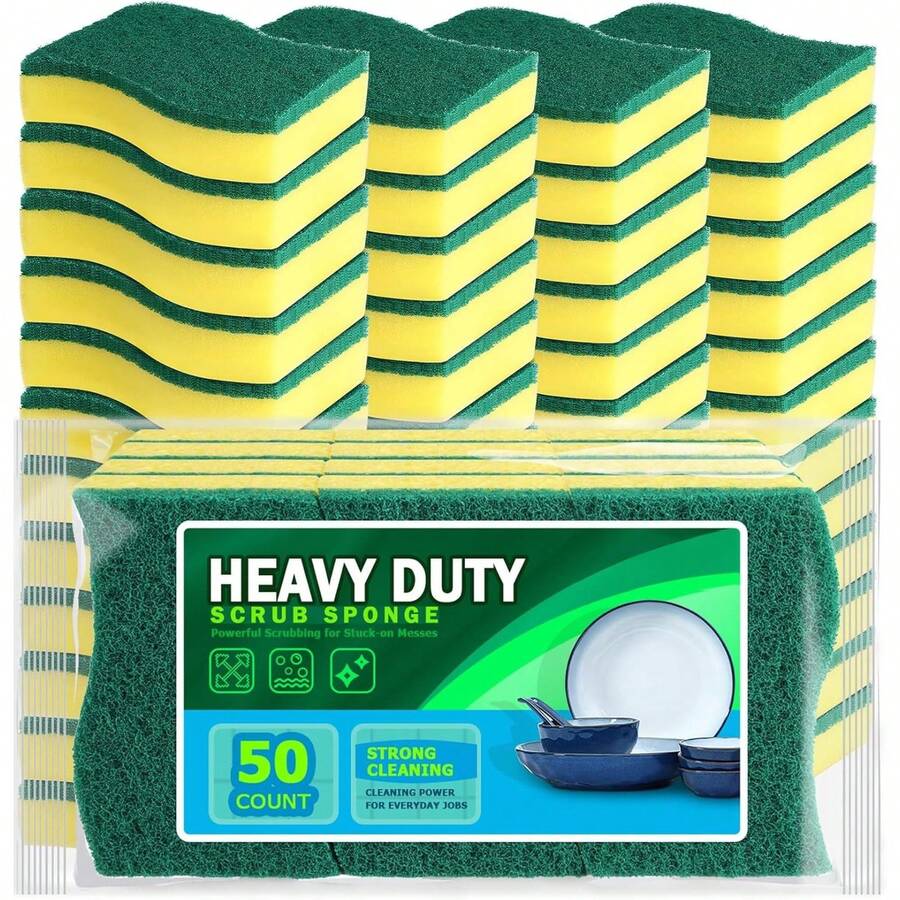 Sponges Kitchen, 50 Pack Heavy Duty Dish Sponge, Cleaning Dish Scrubber Sponge For Home And Kitchen, Stink-Free Cleaning Supplies For Pots, Pans Kitchen Essentials Household Items - S形 - 查看 1