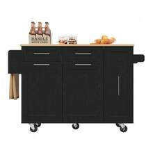 Modern Kitchen Island, Kitchen Cabinet, Sideboard, Dining Trolley With Wood Grain Finish, Multifunctional Dining Table With Storage Space, Dining Trolley With Snack Shelves And Extendable Cabinets, Black - Black - View 5