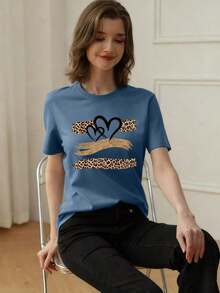 Summer TopsWomen's Summer New Simple Slogan Print Casual Vacation Style Loose Fit Round Neck Short Sleeve T-Shirt, Fashionable Everyday Top, Suitable - 霧霾藍 - 查看 2