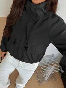 Women's Black Short Bomber Jacket, Lapel Collar, Long Sleeve, With Zipper And Drawstring Details - Black - View 6