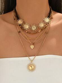 1pc Retro Bohemian Style Amber Beaded Necklace With Sun Pendant, Versatile Charm Necklace To Pair With Camisole Dress Or Shoulder Top, Suitable For Party, Vacation, Daily Wear - Multicolor - View 7