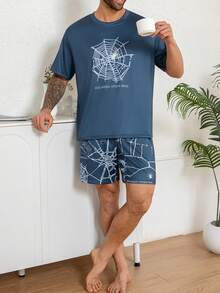 Plus Size Men's Casual Sleepwear Set, Round Neck Short Sleeve Top And Shorts, Lightweight And Comfortable Summer Loungewear - Multicolor - View 5