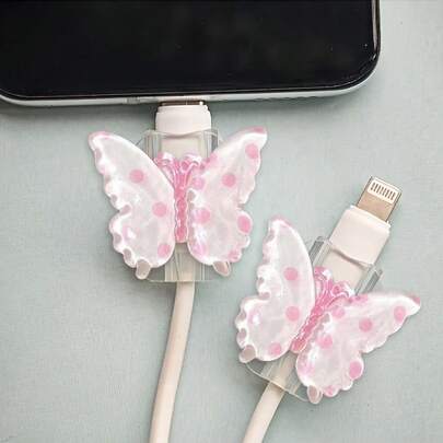 2pcs Transparent Polka Dot Bow Tie Universal Lightning (5-14) Type-C Cable Protector - Durable, Resistant To Breakage, Fashionable Phone Accessory Design - Plastic Cable Protector With Cute Bow Tie Decoration, Charging Cable Protector