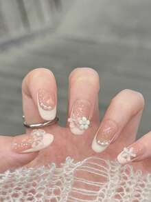 Set de 10 piezas de uñas postizas con diseño floral, nuevo estilo de primavera y verano, estilo francés, dulce e inocente, femenino, hecho a mano, arte de uñas utilizable. Uñas postizas - Multicolor - Ver 4