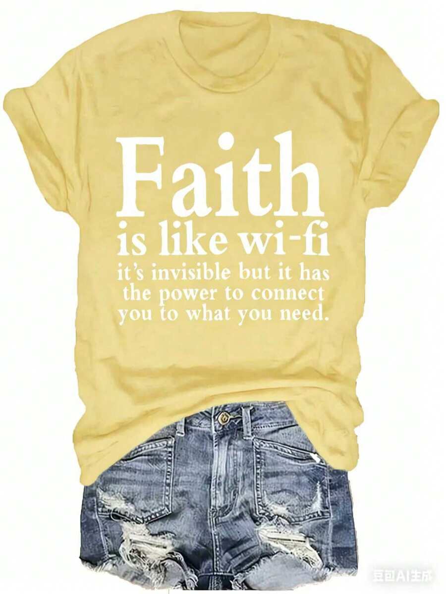 Women Christian Faith Letter Print T-Shirt, Faith Is Like Wi-Fi Graphic Round Neck Short Sleeve 100% Cotton Summer Top, Plus Size All Season - 黃色 - 查看 1
